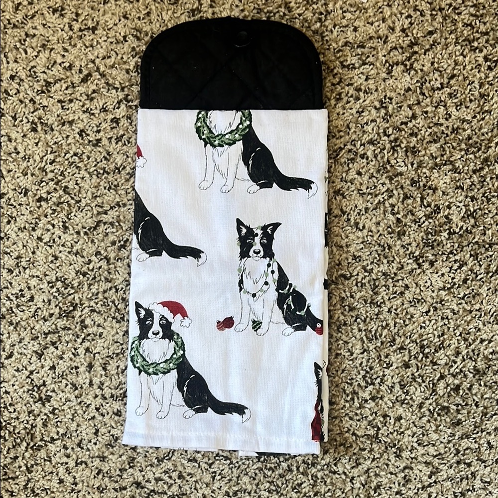 Border Collie Kitchen Towel with Black oven mitt